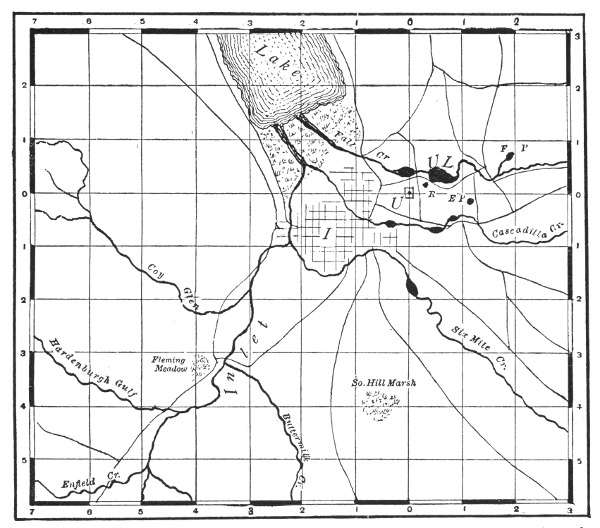 Fig. 123. Simple map showing the position of Cornell University, the city of Ithaca, Cayuga Lake, and the roads and streams and ponds near the University. From W. R. Dudley's map in "The Cayuga Flora." Scale, 1 centimeter to the kilometer.