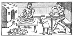 Fig. 25.—Venetian Potters of the Sixteenth Century. Showing two kinds of potter’s wheels in use among them. (From engraving by V. Biringuccio.)