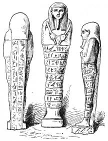 Fig. 42.—Egyptian Mummy Figures. Blue or Greenish-blue Enamelled Pottery. (Way Coll., Boston Museum of Fine Arts.)