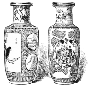 Fig. 94.—Chinese Ming Vases. White Ground. In medallions, green and brown characters and figures. Darker part red and white, with green flowers. (Geo. R. Hall Coll., Boston Museum of Fine Arts.)