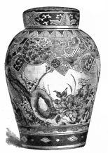 Fig. 138.—Japanese Vase. White, Red, Rose, and Green. Blossoms on Left; White Enamel Raised. Height, 6½ in. (Robert H. Pruyn Coll.)