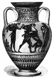 Fig. 186.—Bacchic Amphora. Black on Red Ground. Height, 15 in. (Appleton Coll., Boston Museum of Fine Arts.)