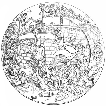 Fig. 216.—Urbino Plate, by Xanto. Scene, the Storming of Goleta. (Marryat Coll.)