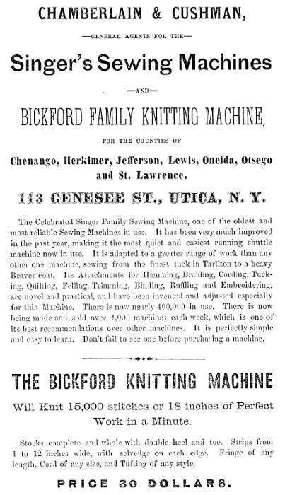 CHAMBERLAIN and CUSHMAN GENERAL AGENTS FOR Singer's Sewing Machines