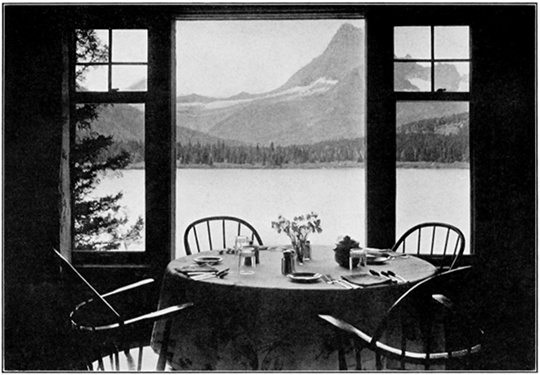 VIEW FROM DINING-ROOM, MANY-GLACIER HOTEL