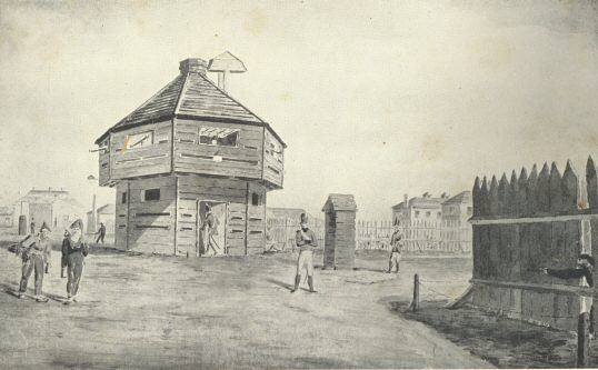 The Block House, Norman Cross Barracks, 1809, where French Prisoners of War were confined.  Drawn by Captain George Lloyd, 2nd West York Militia, 1809.  Royal United Service Institution, Whitehall