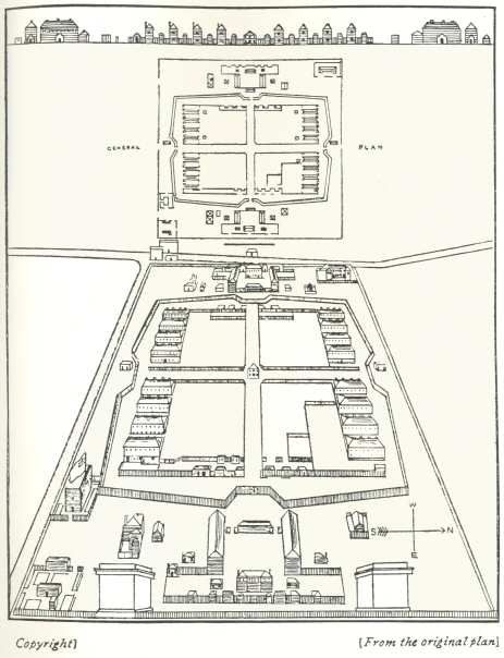 Plan C.—Major Kelly’s Plan of the Depot, 1800 to 1805.  (a) North Elevation.  (b) Ground Plan.  (c) Pictorial Plan from the East