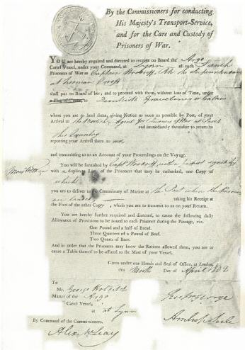 Plate XIX.—Facsimile of Order from Board of Transport, 9th April 1802, to Captain Holditch, Owner and Master of Cartel “Argo”