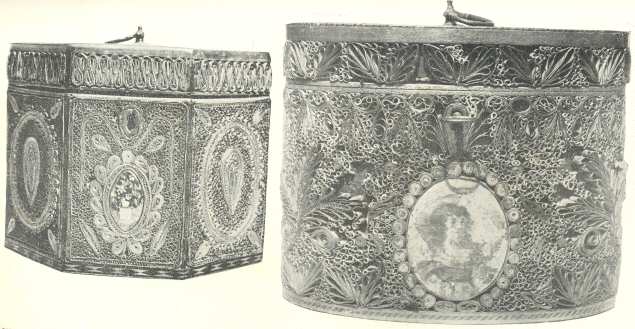 Plate VIII, Fig. 1.—Wooden Tea-caddy richly decorated with “Paper Mosaic,” the Work of the Prisoners of War at the Falmouth Depot.  The Specimen is in the Collection of Miss Lilley Paull, of Truro.  Fig. 2.  Tea-caddy similarly decorated in the possession of the Countess of Lindsey, Uffington Park (v. p. 133)