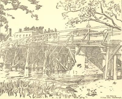 City wooden bridge over the Nene.  Replaced 1872.  Old Photo by William Ball, Peterborough