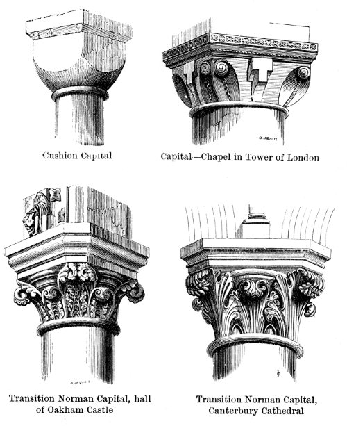 Cushion Capital; Capital—Chapel in Tower of London;       Transition Norman Capital, hall of Oakham Castle;       Transition Norman Capital, Canterbury Cathedral