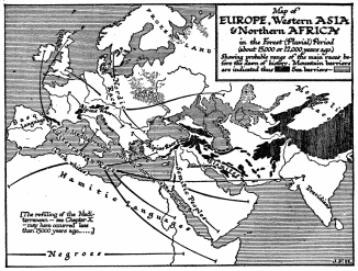 Map of EUROPE, Western ASIA & Northern AFRICA in the Forest (Pluvial) Period (about 15,000 or 12,000 years ago)  Showing probable range of the main races before the dawn of history. Mountain barriers are indicated thus {symbol} Sea barriers {symbol}