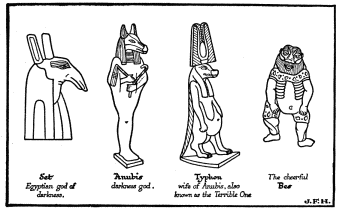 Set Egyptian god of darkness.  Anubis darkness god.  Typhon wife of Anubis, also known as the Terrible One  The cheerful Bes  J.F.H.