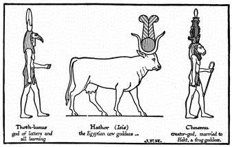 Thoth-lunus god of letters and all learning  Hathor (Isis) the Egyptian cow goddess ...  Chnemu creator-god, married to Hekt, a frog goddess.