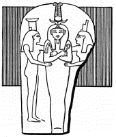 Ramses III as Osiris—between the goddesses Nephthys and Isis....  Relief on the cover of the sarcophagus (at Cambridge). After Sharpe.  Inscription (round the edges of cover), as far as decipherable.  “Osiris, King of Upper and Lower Egypt, lord of the two countries ... son of the Sun, beloved of the gods, lord of diadems, Rameses, prince of Heliopolis, triumphant! Thou art in the condition of a god, thou shalt arise as Usr, there is no enemy to thee, I give to thee triumph among them....” Budge, Catalogue, Egyptian Collection, Fitzwilliam Museum, Cambridge. 