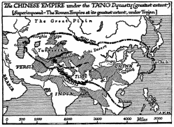 The CHINESE EMPIRE under the TANG Dynasty (greatest extent) [Superimposed—The Roman Empire at its greatest extent, under Trajan.