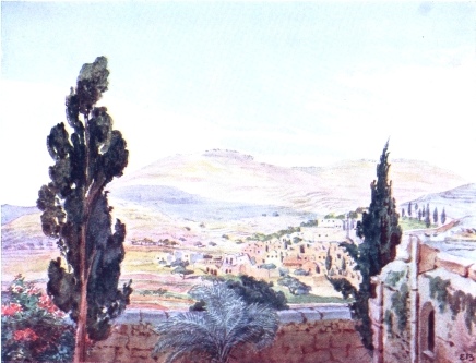 “AIN KAREEM,” REPUTED BIRTHPLACE OF JOHN THE BAPTIST, FROM ROOF OF CONVENT OF THE VISITATION  Church built over supposed site of Zacharias’ and Elizabeth’s house to right of town, high up, where St. John was born. Roof of chapel built over site of their country house, where Mary visited her cousin, in foreground.