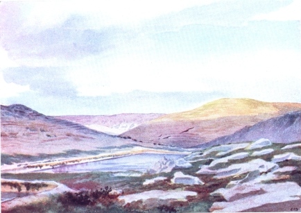 SOLOMON’S POOLS, NEAR JERUSALEM, LOOKING TOWARDS DEAD SEA  Shows the central one of three reservoirs which are built one below the other on a slope inclining towards valley of the Dead Sea.  Measurements of Solomon’s Pools:—Upper one, 380 ft. by 236 ft., 25 ft. deep; middle one, 423 ft. by 250 ft., 39 ft. deep; lower one, 582 ft. by 207 ft., 50 ft. deep.