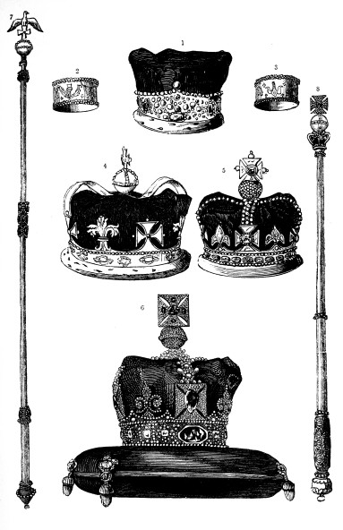 1. Queen’s Diadem. 2 and 3. Queen’s Coronation Bracelets. 4. Prince of Wales’s Crown. 5. Old Imperial Crown. 6. Queen’s Crown. 7. Spiritual Sceptre. 8. Temporal Sceptre.