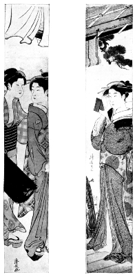 KIYONAGA: GEISHA WITH SERVANT CARRYING LUTE-BOX. KIYONAGA: WOMAN PAINTING HER EYEBROWS.