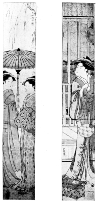 SHUNCHO: TWO LADIES UNDER UMBRELLA. SHUNCHO: THE COURTESAN HANA-ŌJI—THE SUMIDA RIVER SEEN THROUGH THE WINDOW.