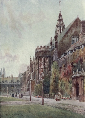 ORIEL WINDOW OF THE HALL, TRINITY GREAT COURT  In the nearer part of the picture is the Master’s Lodge, and in the far distance two turrets of King’s Chapel stand up against the evening sky.