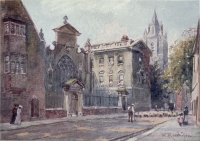 PETERHOUSE FROM THE STREET  The Tower of the Congregational Church in the distance.