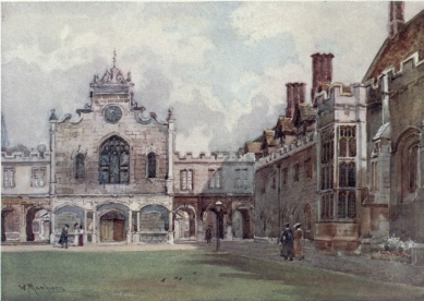 PETERHOUSE—THE FIRST COURT  The entrance to the chapel faces the spectator. On the right is seen the Combination Room (1460) and the Hall. Through the Cloisters we get a view into the street. This is the oldest college in Cambridge.