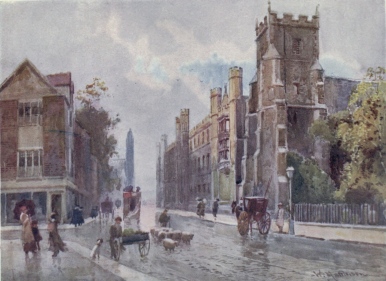 ST. BOTOLPH’S CHURCH AND CORPUS COLLEGE FROM THE STEPS OF THE PITT PRESS, TRUMPINGTON STREET  King’s College is seen in the distance.