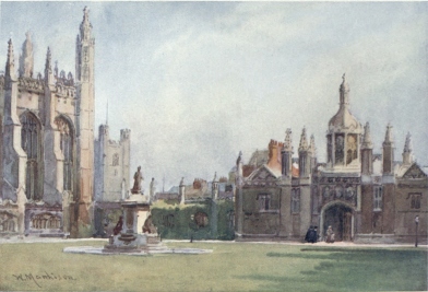 KING’S COLLEGE CHAPEL AND THE ENTRANCE COURT, FROM THE FELLOWS’ BUILDINGS  A portion of the Chapel is seen on the left of the picture with Great St. Mary’s tower in the distance. The Screen and Gate are on the right.