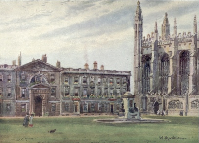 KING’S COLLEGE CHAPEL AND THE FELLOWS’ BUILDINGS  The South door of the Chapel is seen to the right in the picture, and the Fellows’ Buildings, constructed in 1723, are on the left. The Fountain with a statue of the founder, Henry the Sixth, was designed by H. A. Armstead, R. A.