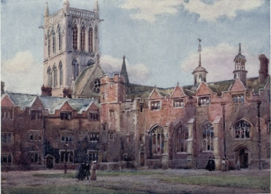 THE SECOND COURT OF ST. JOHN’S COLLEGE  The doorway on the right leads into the First Court. The Dining Hall is in the building on the right and the Combination Room on the left of the picture. In the background is the Chapel Tower with the sunset light upon it