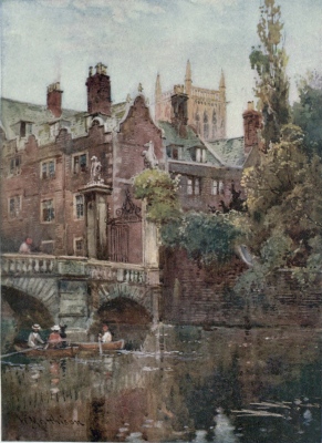 OLD GATEWAY AND BRIDGE  These buildings form part of St. John’s College, and look on to the river. The Tower of the College Chapel is seen in the background.