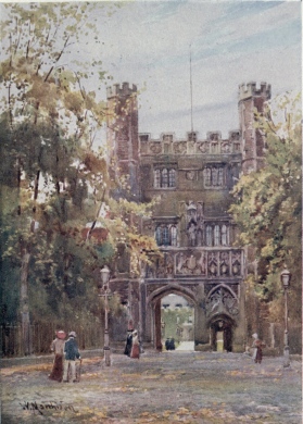 THE GATEWAY OF TRINITY COLLEGE  The Great Entrance Gate, constructed about 1518-35. The panels over the arch commemorate King Edward the Third and his six sons. The Master’s lodge is seen in the distance through the gateway.