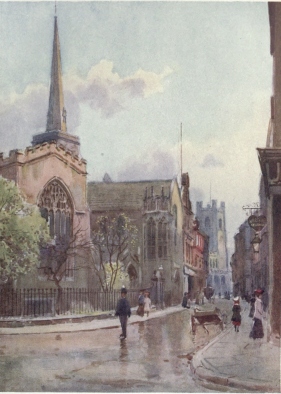 MARKET STREET AND HOLY TRINITY CHURCH  In this picture Holy Trinity Church (of which Charles Simeon was incumbent) with its spire may be seen on the left. The cool grey building in the middle of the picture is the Henry Martyn Hall, a modern structure. In the distance is seen the Tower and North side of Great St. Mary’s.