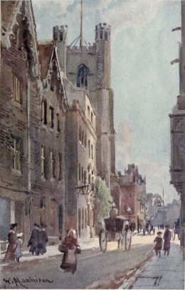 GREAT ST. MARY’S, FROM TRINITY STREET  Here we only get a glimpse of the Tower of the Church with King’s Parade in the distance. In the foreground on the right is Caius College.