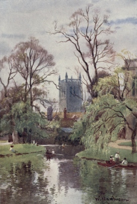 THE TOWER OF ST. JOHN’S COLLEGE CHAPEL FROM THE RIVER  Trinity College Library lies on the right, through the trees.