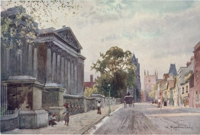 THE FITZWILLIAM MUSEUM—EVENING  In the distance are seen the square tower of the Pitt Press and Pembroke College. Behind the trees are Peterhouse and the Congregational Church.