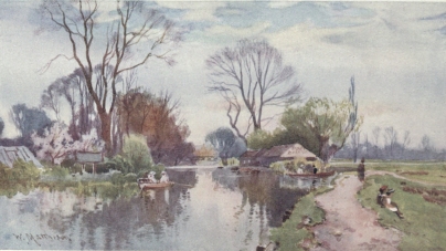 THE BOATHOUSE ON ROBINSON CRUSOE’S ISLAND  On the upper river at the back of King’s Mill, not far from Queens’ College. Across the bridge in the distance and behind the trees on the left is Coe Fen, and on the right is Sheep’s Green.