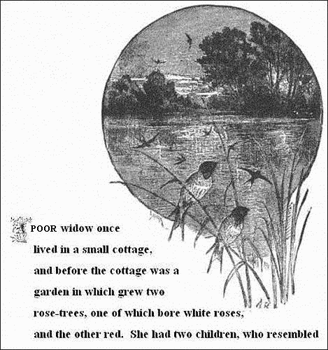 A poor widow once lived in a small cottage, and before the cottage was a garden in which grew two rose-trees, one of which bore white roses, and the other red. She had two children, who resembled