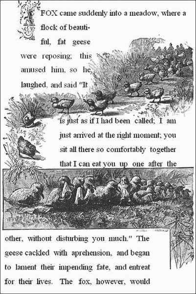 A fox came suddenly into a meadow, where a flock of beautiful, fat geese were reposing; this amused him, so he laughed, and said,"It is just as if I had been called; I am just arrived at the right moment; you sit all there so comfortably together, that I can eat you up one after the other, without disturbing you much." The geese cackled with apprehension, and began to lament their impending fate, and entreat for their lives. The fox, however, would