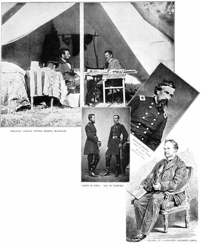 PRESIDENT LINCOLN VISITING GENERAL McCLELLAN, COMTE DE PARIS, DUC DE CHARTRES, CHAS. H. VAN WYCK, AND B. S. ALEXANDER