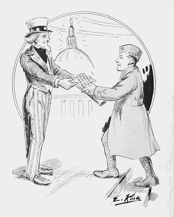 Soldier presenting book to Uncle Sam