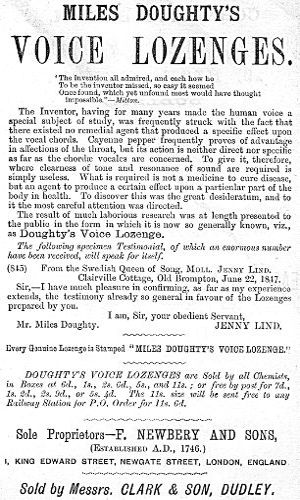 Advert for Miles Doughty's Voice Lozenges