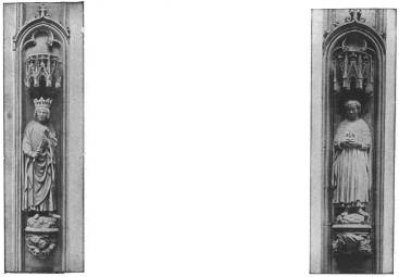 STATUES ON NORTH TOWER BUTTRESS:  (on left) CHARLES V.  (on right) THE DAUPHIN.