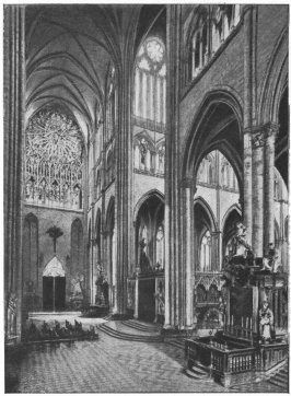 THE TRANSEPT, NORTH ARM.  (to the right):  THE CHOIR.  (in foreground):  ALTAR OF OUR LADY OF PUY.