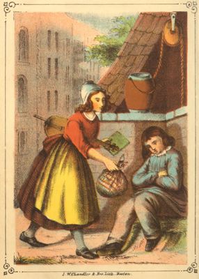 girl holding a violin and giving a knapsack to a boy