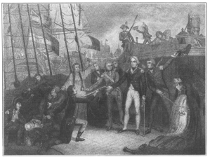 Nelson receiving the sword of the Spanish admiral surrendered after a naval battle in the war of 1797.  From the painting by David Neal