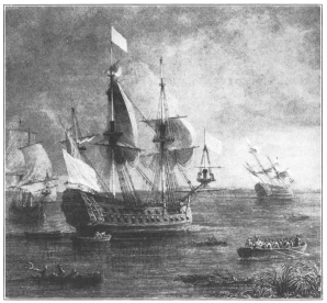 The ships of France at the mouth of the Mississippi  From the painting in the Versailles Collection