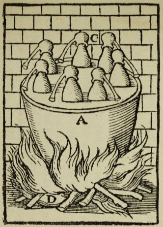 vat with a lot of stem vents out of the top set on an open fire